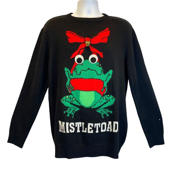 Divided MISTLE-TOAD with Giant Jingle Bell Ugly Christmas Sweater Size Medium - Picture 1 of 5